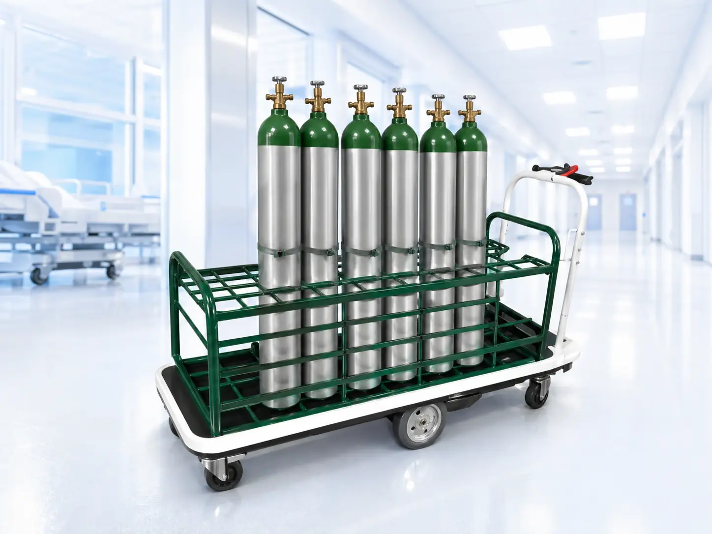 Pony Express motorized medical gas cylinder cart loaded with green oxygen tanks in a hospital corridor