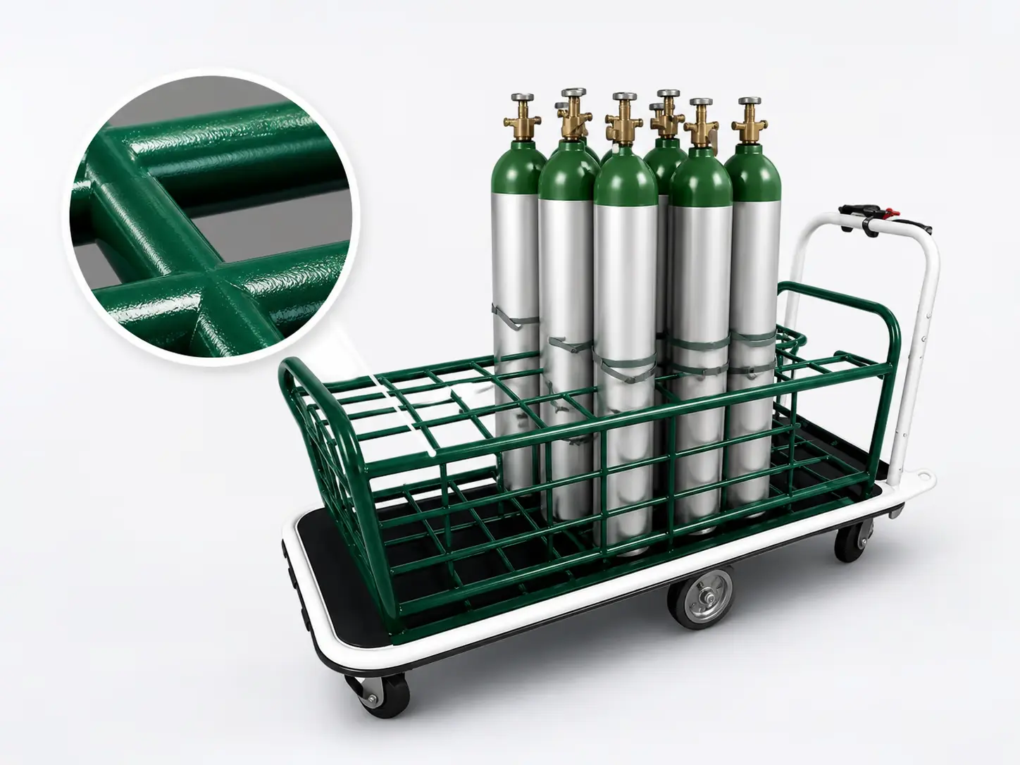 Plasticized green coating close-up on the Pony Express cylinder rack frame