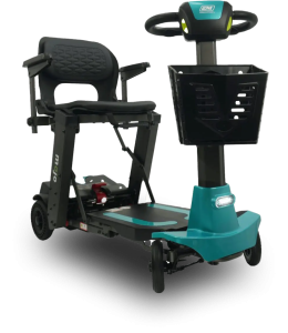 A compact, black and teal mobility scooter with a comfortable seat, armrests, and a front basket. The scooter has a padded backrest and a control handlebar. Its design is ideal for providing mobility assistance conveniently and safely.