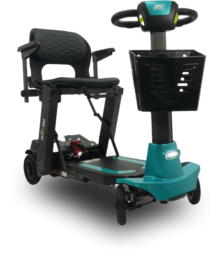 A compact, black and teal mobility scooter with a comfortable seat, armrests, and a front basket. The scooter has a padded backrest and a control handlebar. Its design is ideal for providing mobility assistance conveniently and safely.