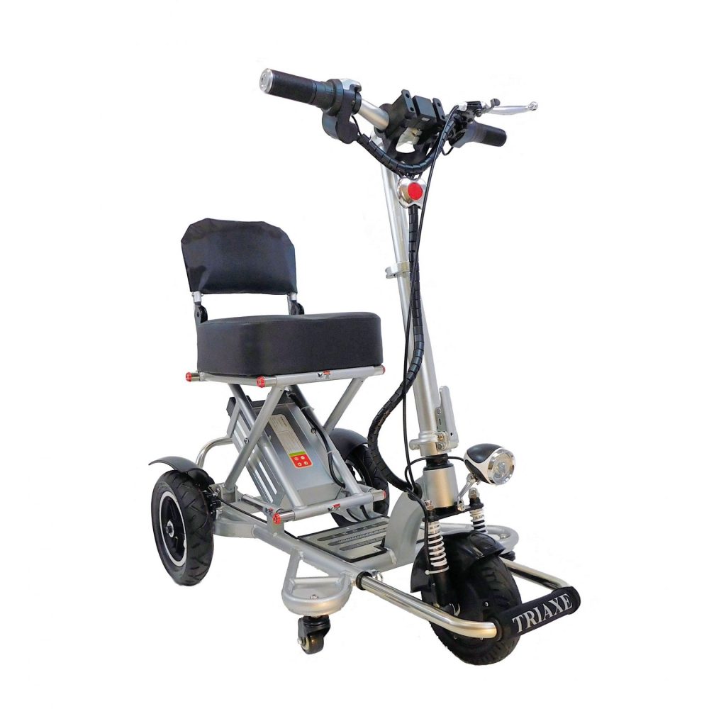 Silver color of Enhance Mobility Triaxe Sport heavy duty folding travel mobility scooter