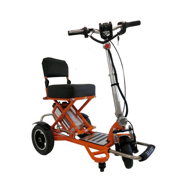 A compact orange electric mobility scooter with a padded seat and backrest. The scooter features three wheels for stability, handlebars with controls, and a sturdy frame. It is designed for personal transportation and appears foldable for convenience.