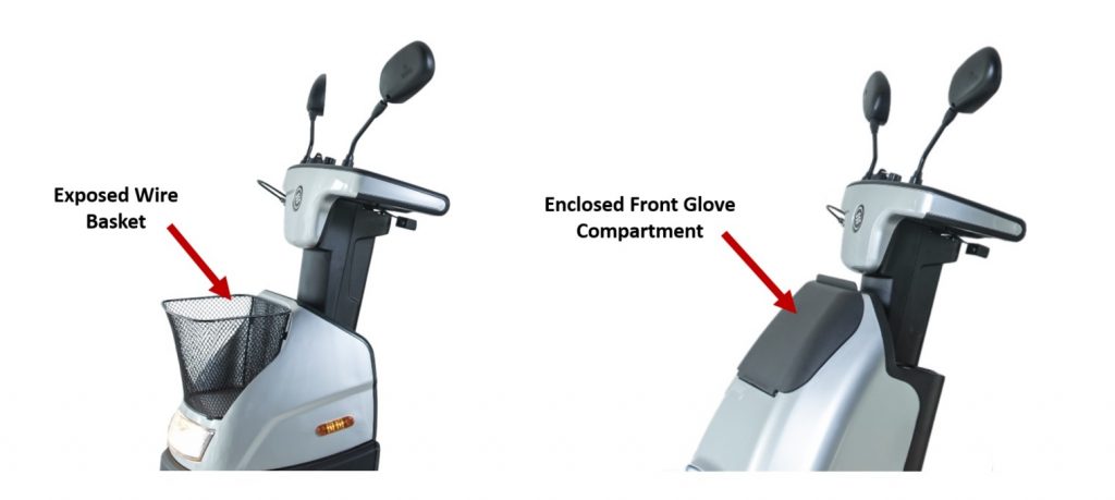Afiscooter C wire basket (left) and enclosed front glove compartment (right)