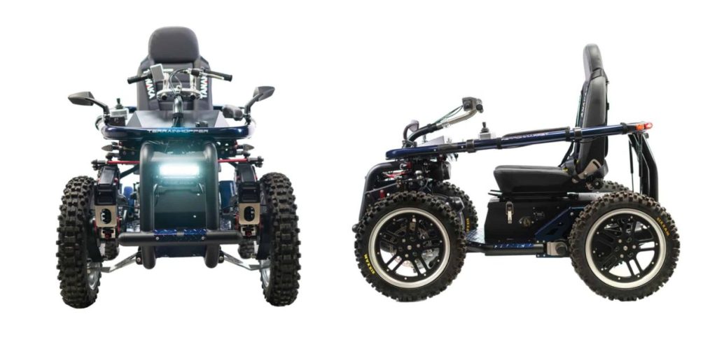 Front and side views of TerrainHopper Overlander all-terrain mobility scooter
