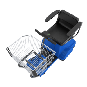 An electric shopping cart with a blue base, black seat, and black armrests. In front of the seat is a metal wire bask...