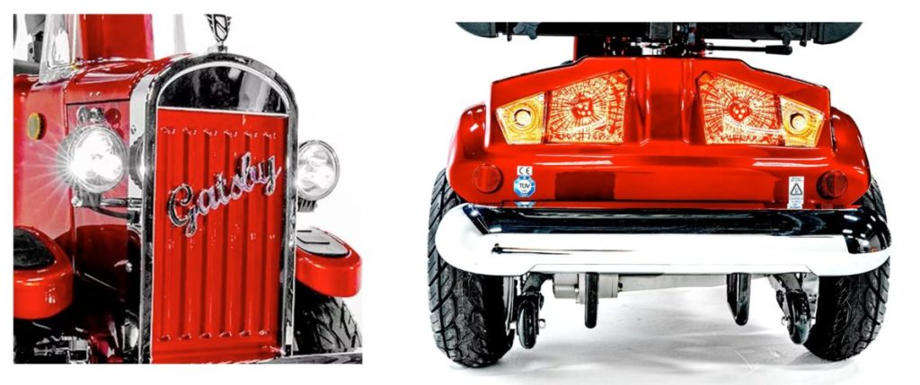 Sleek decorative grille, ultra bright headlights and vibrant taillights illuminate the Gatsby mobility scooter