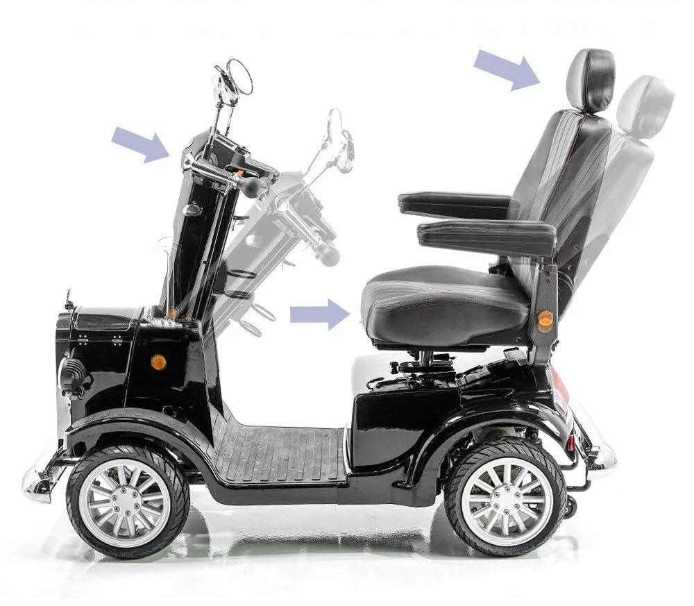 A semi-reclining seat with adjustable headrest, flip up armrests and unique swiveling feature on the Gatsby Mobility Scooter