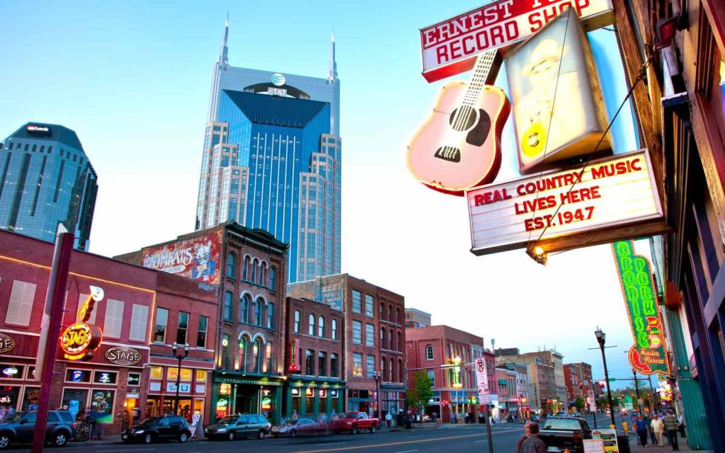 Nashville city skyline and lively streets