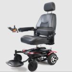 Front side view of the Merits Junior wheelchair, showcasing its compact design, user-friendly features, and state-of-the-art technology for ease of mobility and comfortable daily use