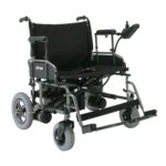 Front side view of the Merits Travel Ease P183 wheelchair, highlighting its sleek appearance, compact design, and advanced mobility features