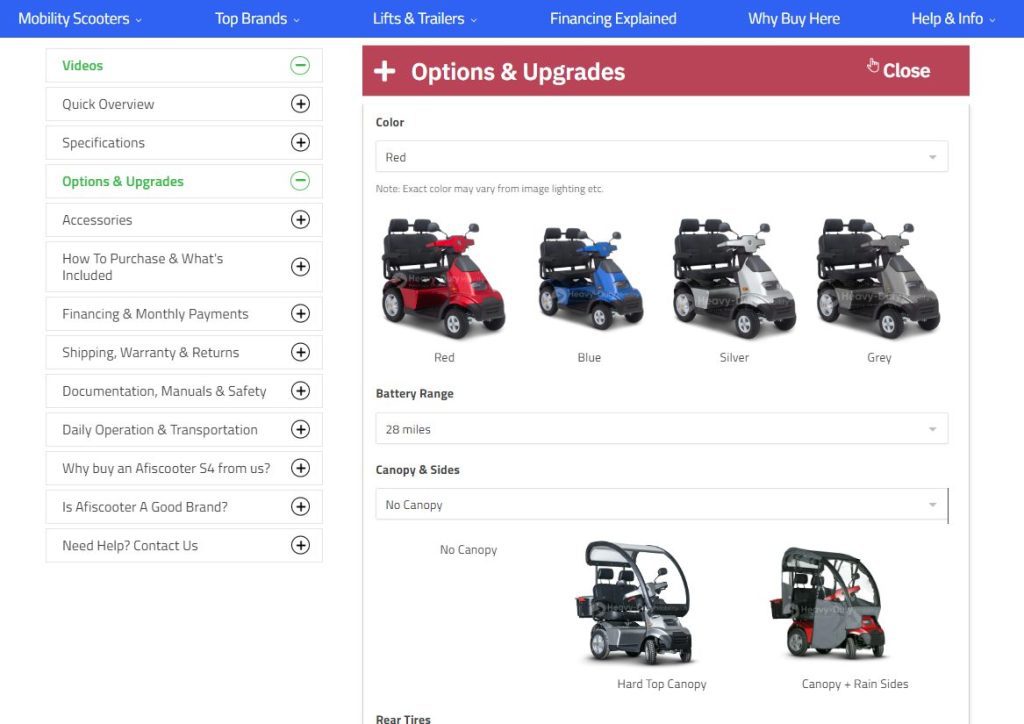 Options and upgrades: select color and additional accessories for your mobility scooter