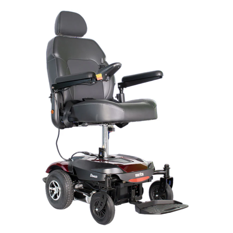 Merits Dualer P312 power chair with red base and power elevating seat