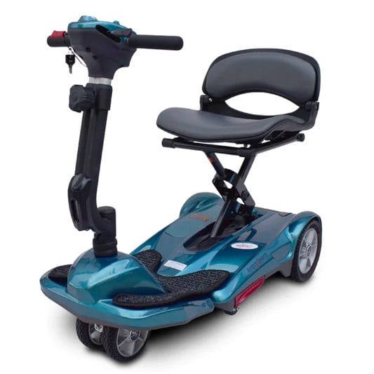 Auto-folding travel mobility scooter shown in folded form
