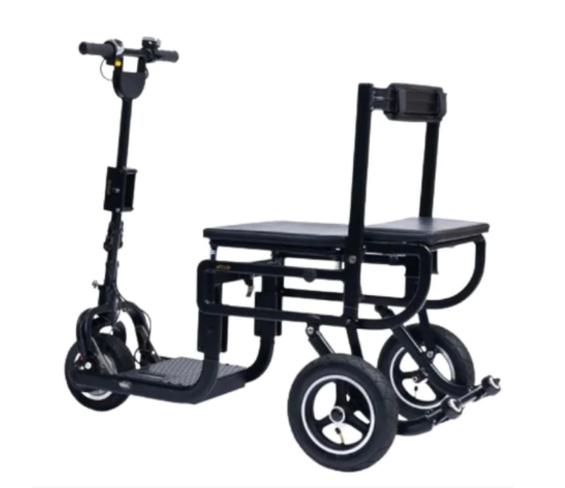 An eFOLDi Lite mobility scooter with three wheels, a black frame, a textured footplate, a large padded seat, and an adjustable handlebar column with controls.