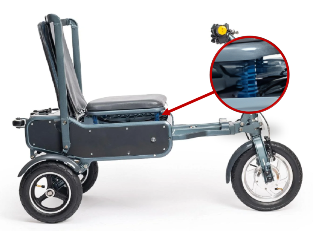 A blue electric mobility scooter with an inset highlighting its wheel suspension system.
