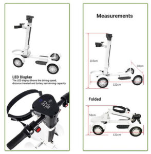 Composite image of a white electric golf scooter detailing features and dimensions: an LED display on the handle, hei...