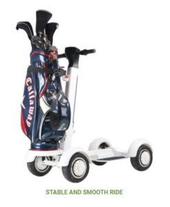 Electric Golf Skate Caddy Cart with a set of golf clubs in a blue and red bag.