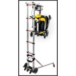 The Enhance Mobility Hercules portable lift, a tall, slender aluminum structure with black and red accents, designed to hoist and carry a folded enhance mobility transformer 2 mobility scooter