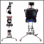 Enhance Mobility Hercules portable lift in different views: side, front, and top-down. It's an aluminum frame with red and black details, showcasing its versatility in lifting and transporting a folded mobility scooter.
