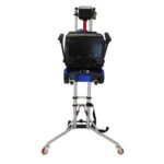 Front view of the Enhance Mobility Hercules portable lift with a folded enhance mobility transformer 2 mobility scooter suspended above its sturdy base with caster wheels