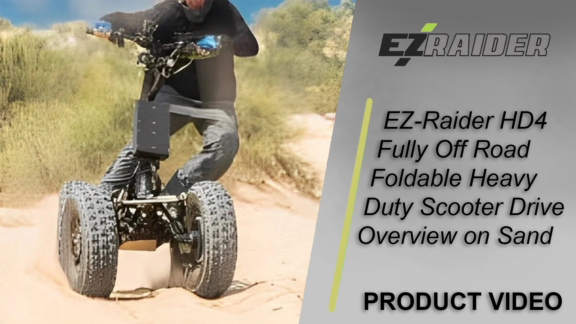 EZ-Raider HD4 off-road foldable heavy-duty mobility scooter driving on sand, showcasing its performance in rugged ter...