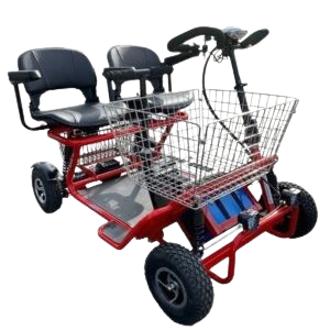 A red, four-wheeled mobility scooter designed for two passengers, featuring two black cushioned seats with armrests, ...