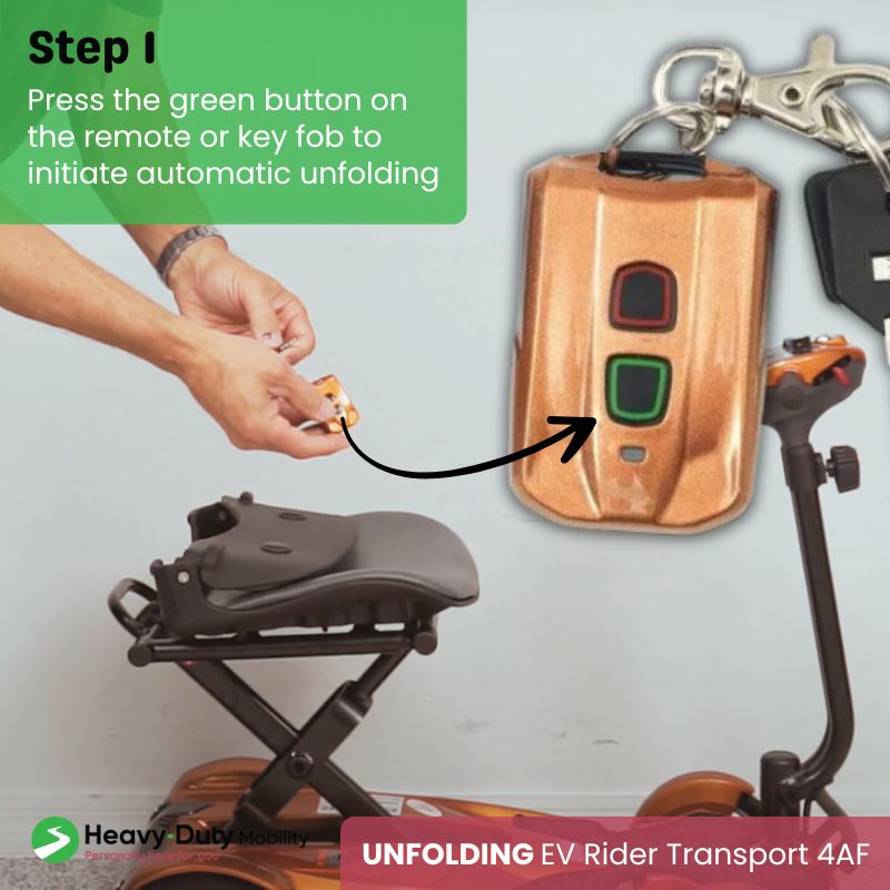 Press the green button to unfold the EV Rider 4AF scooter.