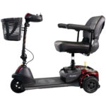 Side view of the Merits Roadster 3 in red facing left with folded armrests and tiller display visible