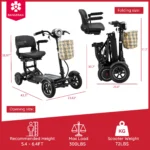Bangeran Dragon Mobile EX scooter showing dimensions: 43.3” x 23.6” when open and 31.3” x 23.6” when folded. The scooter weighs 72lbs and supports up to 300lbs, ideal for users between 5.4 to 6.4 feet tall.