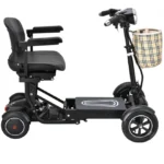 Side view of the Bangeran Dragon Mobile EX scooter, highlighting the seat, footrest, and plaid storage bag.