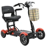 Matte Red Bangeran Dragon Mobile EX features a comfortable seat with armrests, a sleek design, and a convenient storage bag. Perfect for easy riding with a stylish and practical build.