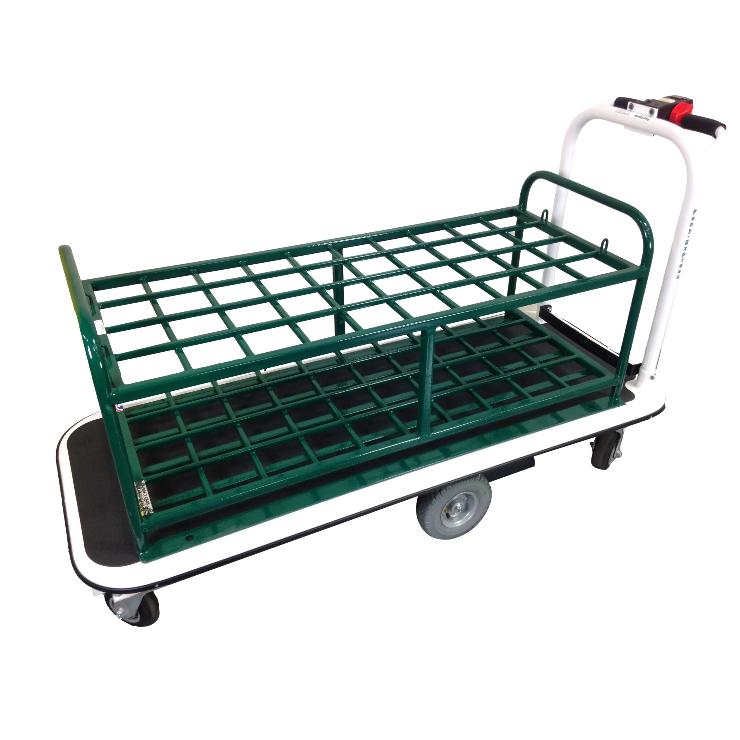 EK Tech Pony Express motorized medical gas cylinder cart with green steel rack on white base