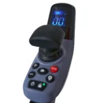 Close-up of joystick controller with digital display showing speed and battery level along with buttons including SOS and speed controls.