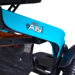 Close-up of the Golden Ally Pro GP304 frame highlighting the printed logo and mesh storage basket under the seat.