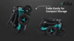 Two views of the Golden Technologies Ally GP303 power wheelchair in teal folded upright and flat, with text saying "Folds Easily for Compact Storage," showing how the chair can be stored in small spaces.
