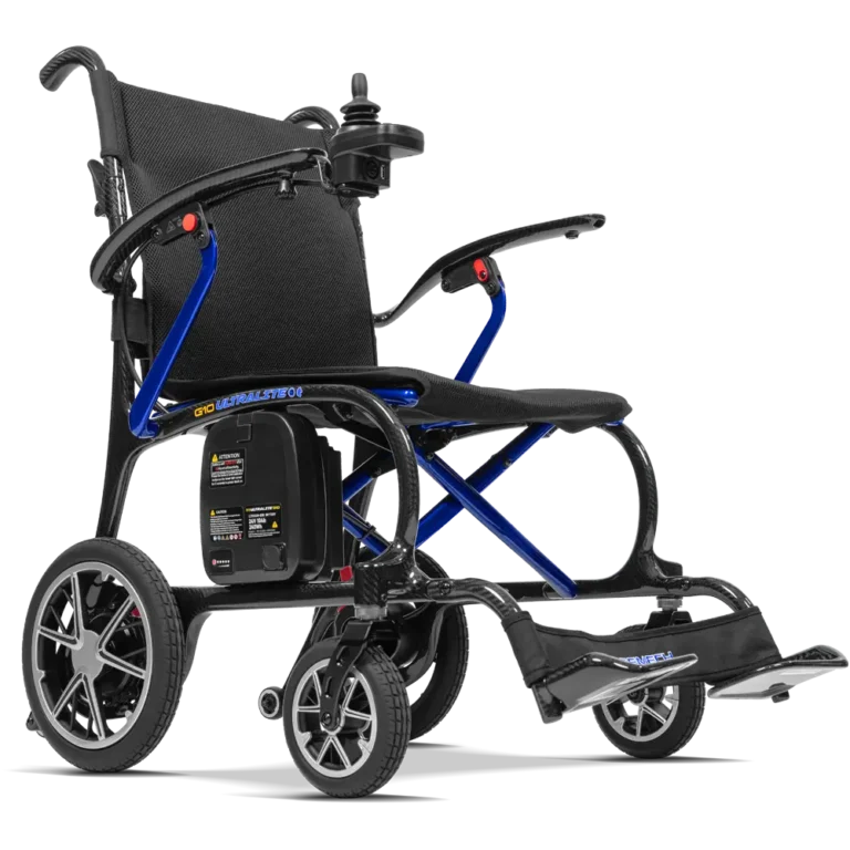Forcemech Ultralite G10 Lightweight Folding Electric Wheelchair in blue shown from the side with large wheels and a slim frame.