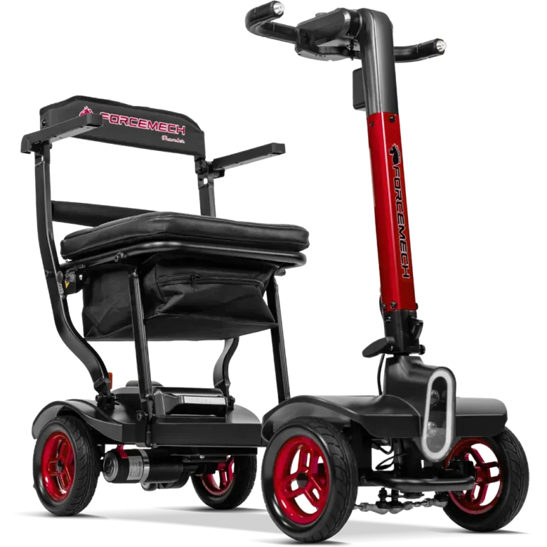 Forcemech Traveler Lightweight Folding Mobility Scooter in red shown from an angled front view with a padded seat and sturdy wheels.
