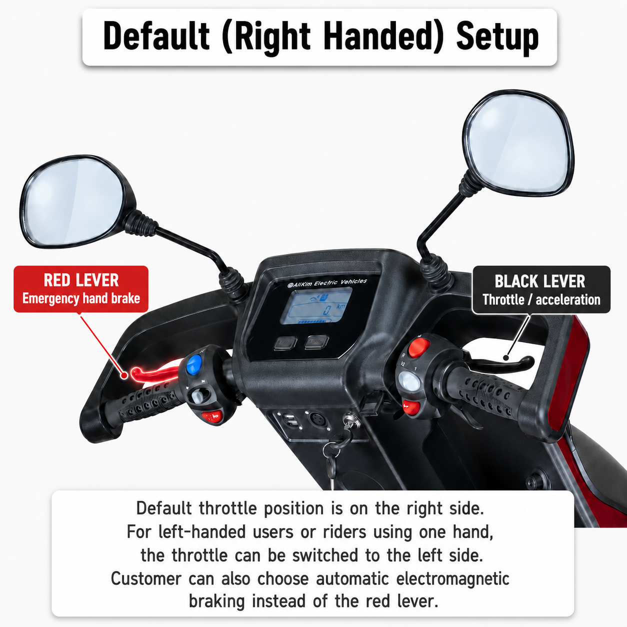 Afiscooter S tiller with the throttle lever on the right, the standard setup