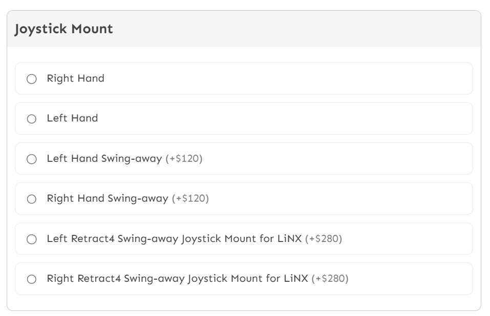 Joystick Mount options in our Options and Upgrades showing Right Hand, Left Hand, and left or right swing-away choices