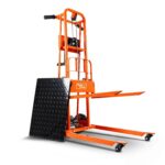 SuperHandy GUO097 material lift stacker studio view with forks extended and removable black diamond plate platform leaning against the orange steel frame