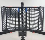 Front view of the US208 Patriotic Electric Lift with flag cutout platform folded upright