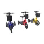 Three RMB Protean scooters in different colors lined up